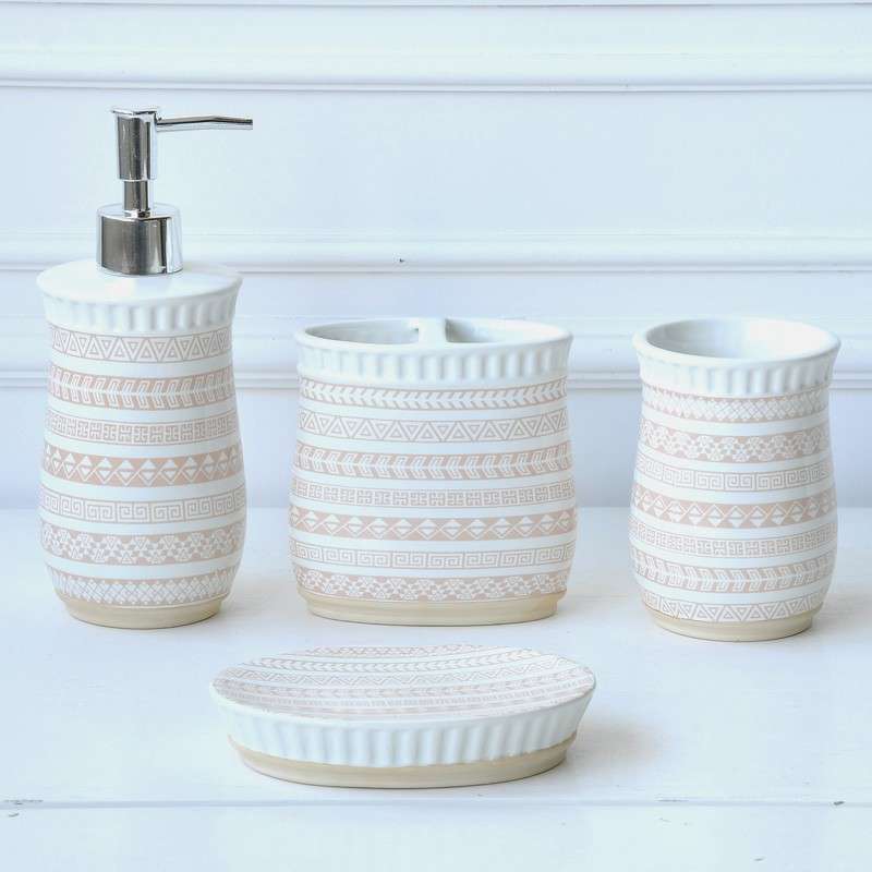 JIA SHUN factory wholesale 4 pcs home hotel bathroom decor round white glaze ceramic bathroom accessories set