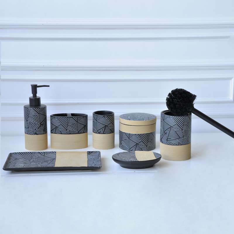 JIA SHUN Hotel bathroom products 7 Pieces black ceramic bathroom accessories set with engobe decoration