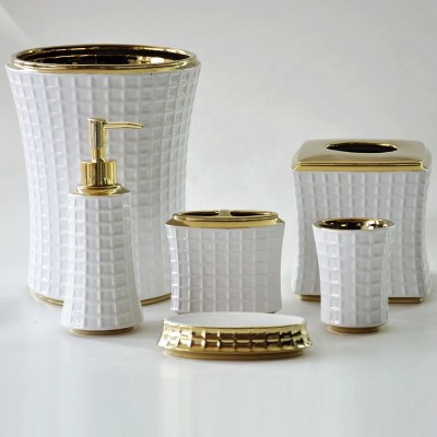 6 pieces White Lattice Design Gold Plating Ceramic Bathroom Accessories Sets for Toilet